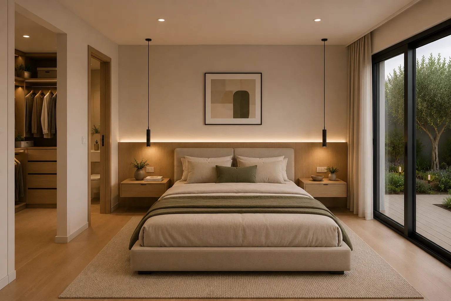 Quarto Next65 com cama ao centro, apoios laterais, arrumação à esquerda e vão exterior à direita