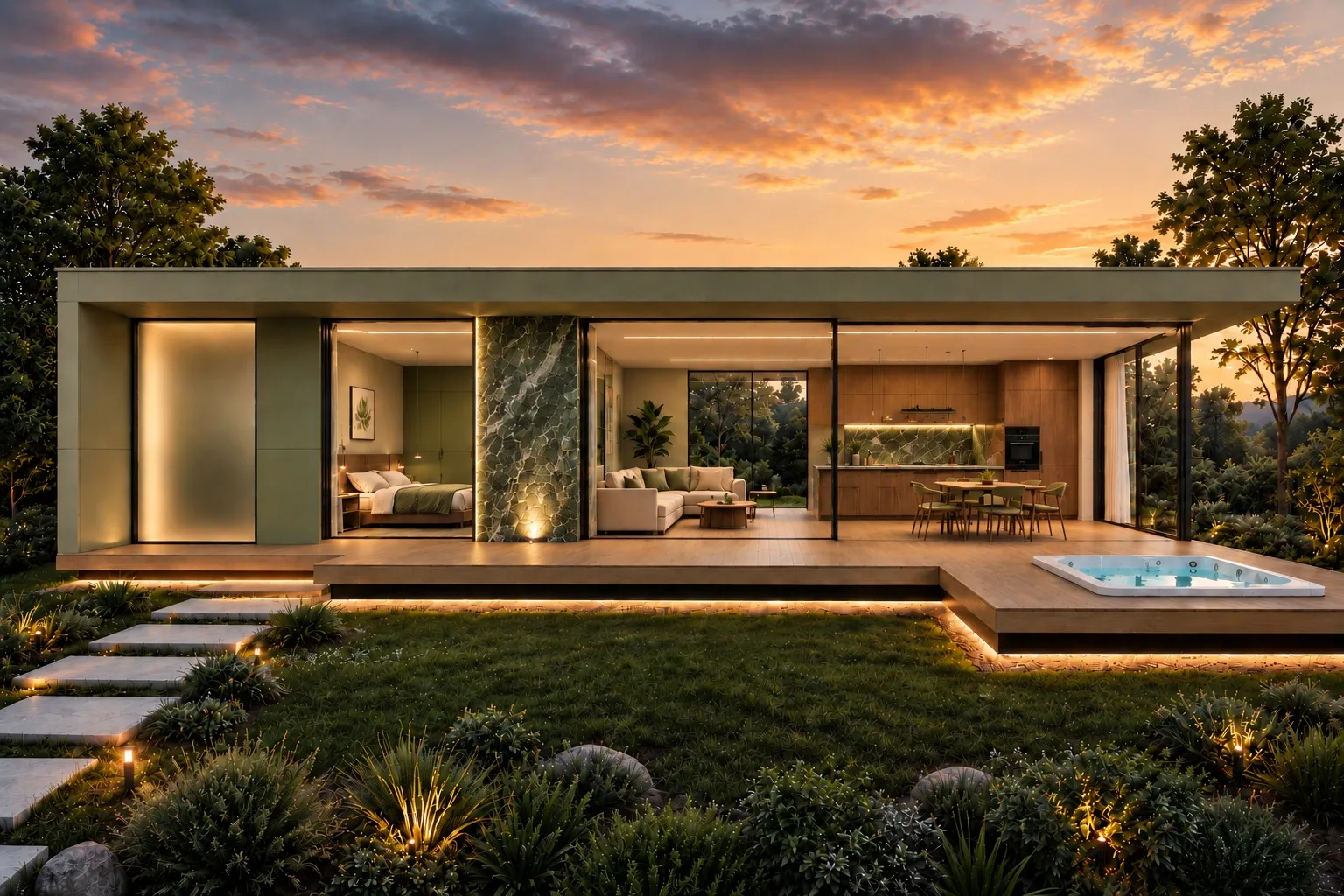Visualização exterior da casa Element, com grandes envidraçados e luz de fim de tarde
