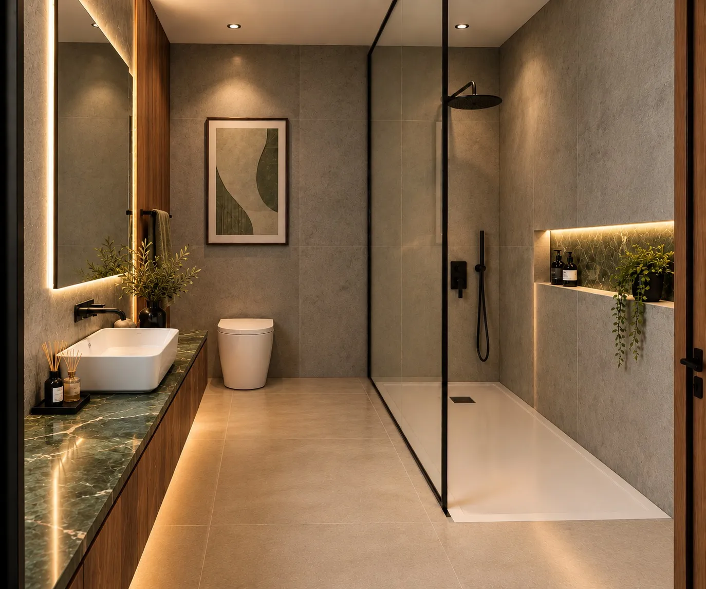 Casa de banho Olive com lavatório verde, espelho iluminado e duche