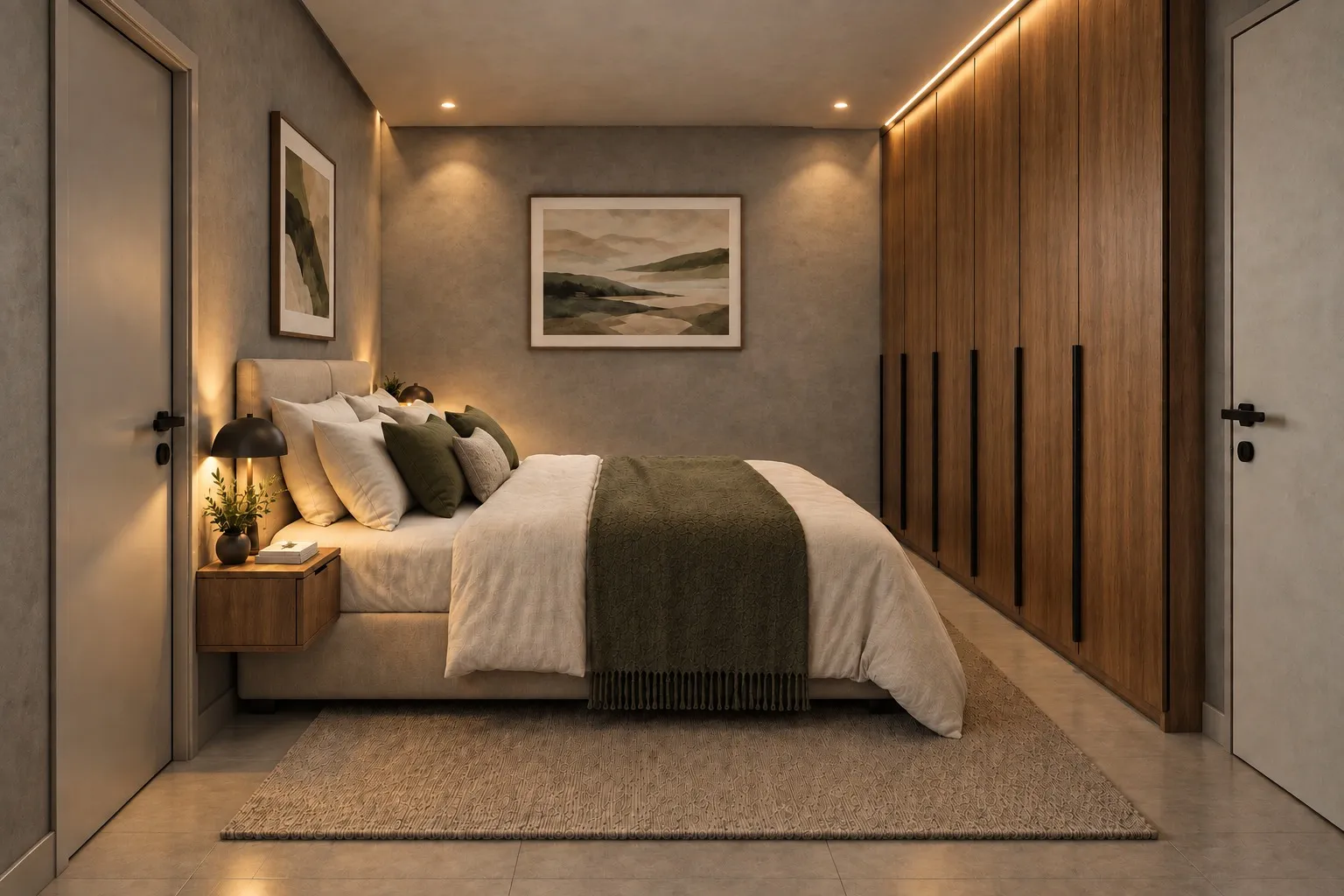 Quarto Olive com roupa de cama verde, painéis claros e iluminação junto à cabeceira
