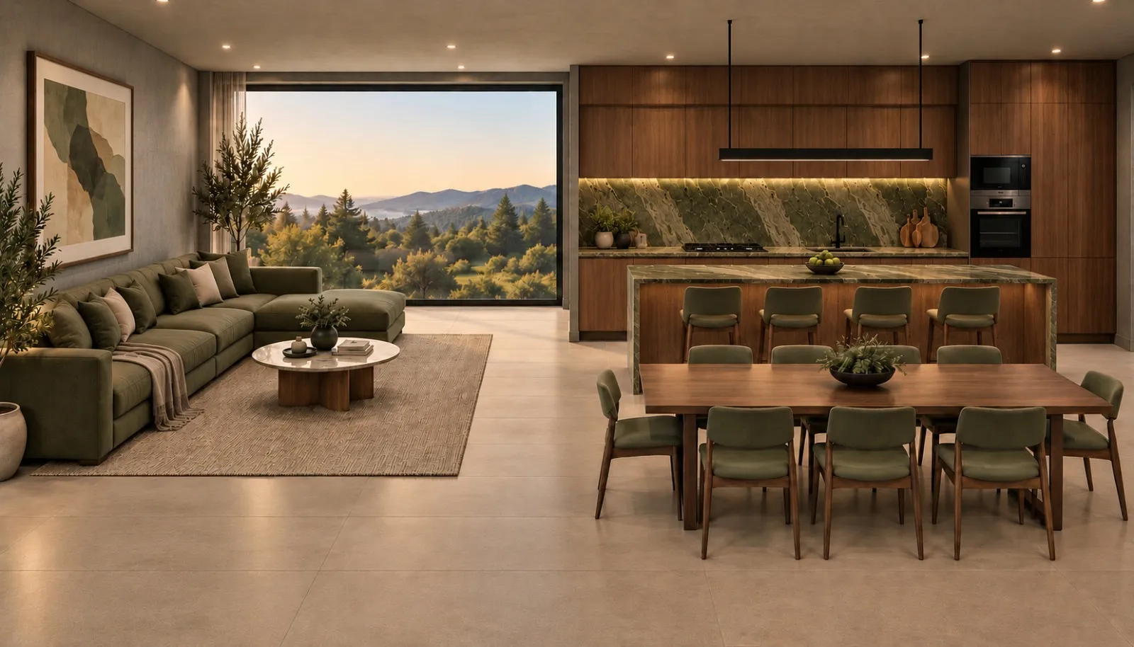 Interior Olive com sala, mesa de refeições e cozinha em tons verdes e amadeirados