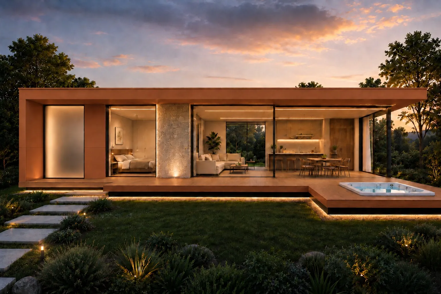 Exterior Element em Terracota, com tons quentes e terraço voltado para o jardim