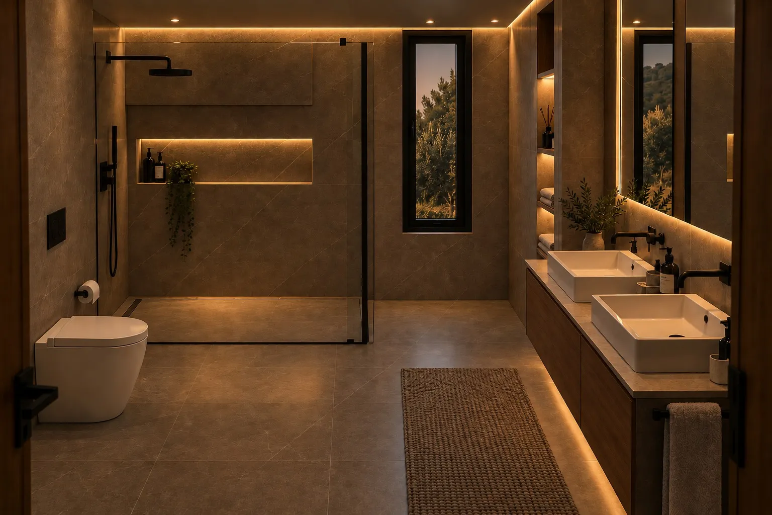 Suite bathroom in stone and timber.