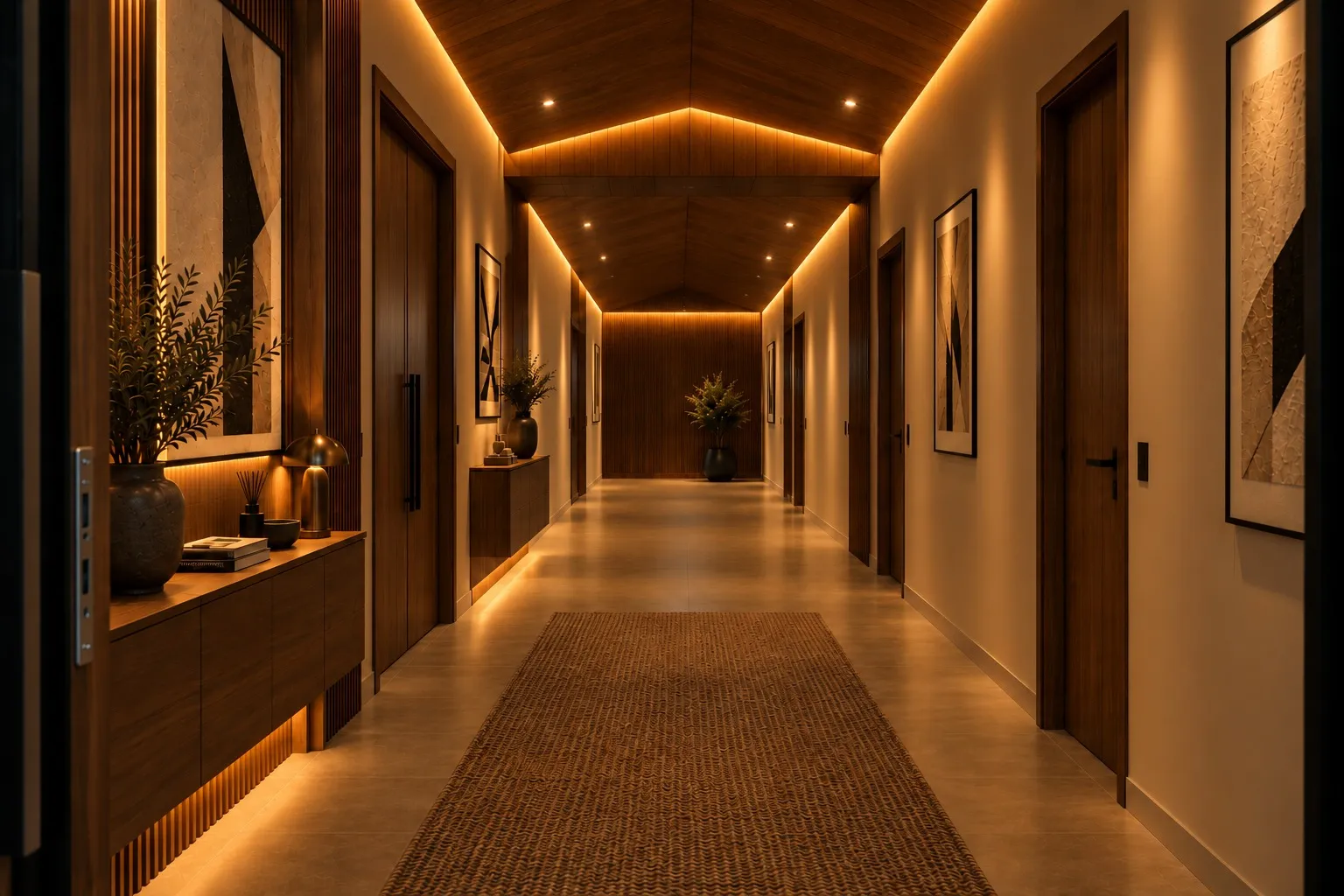 Hallway with light walls, timber doors and indirect lighting