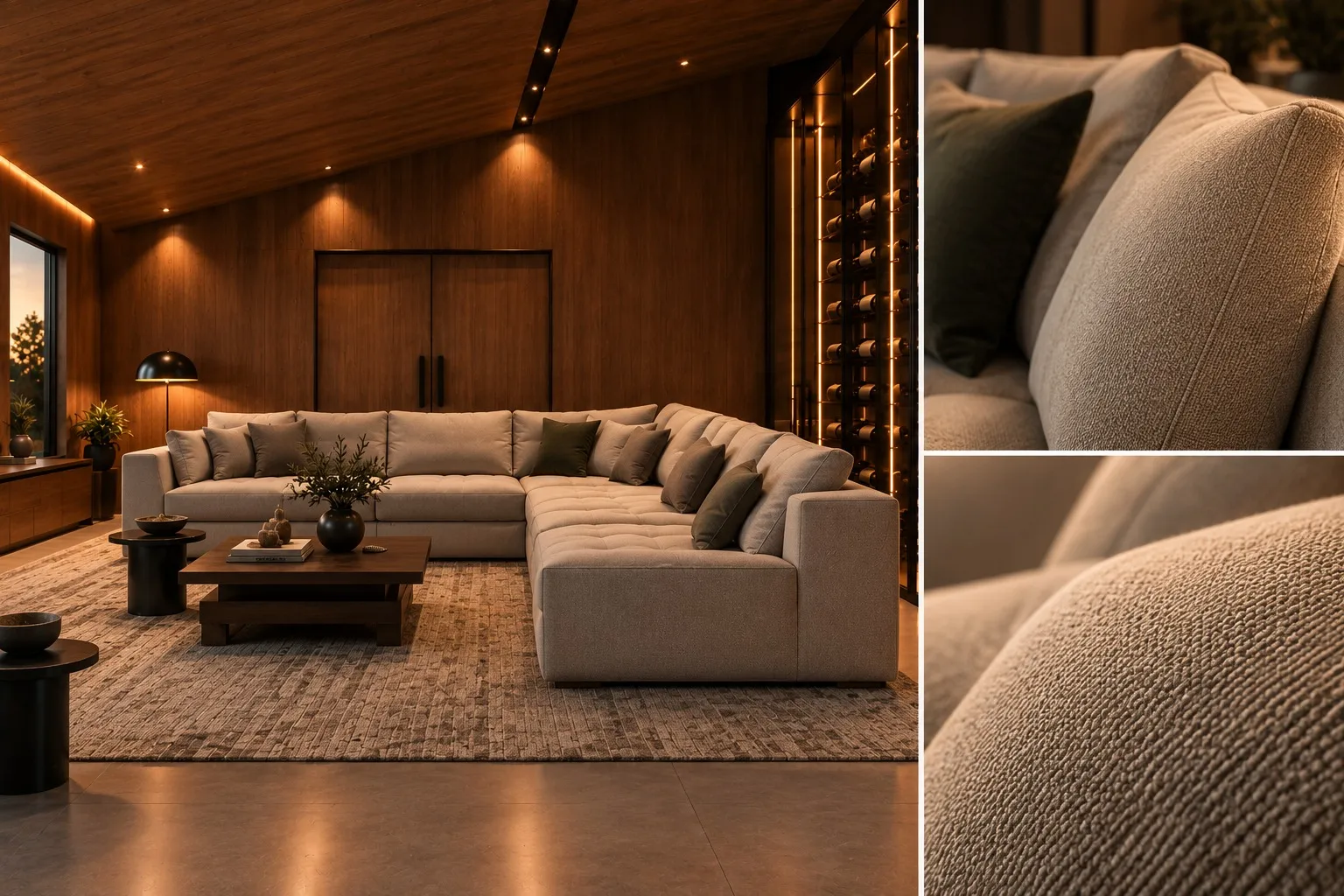 Neutral-toned upholstered furniture and fabric details.