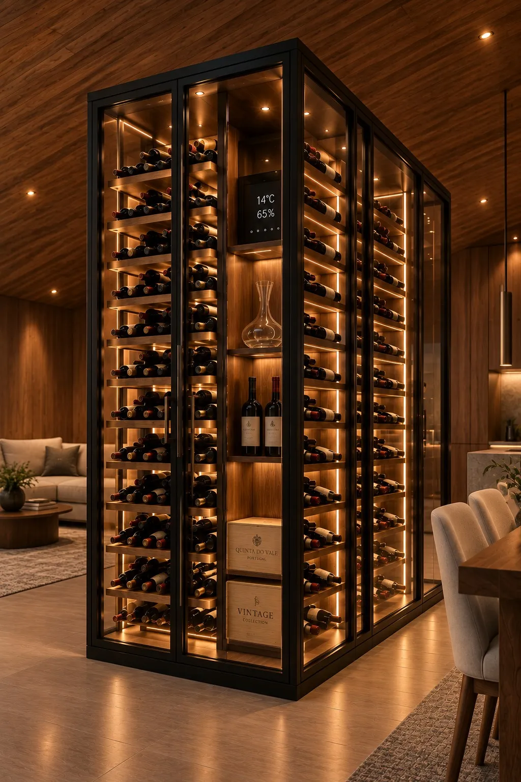 Glazed wine room with integrated lighting.