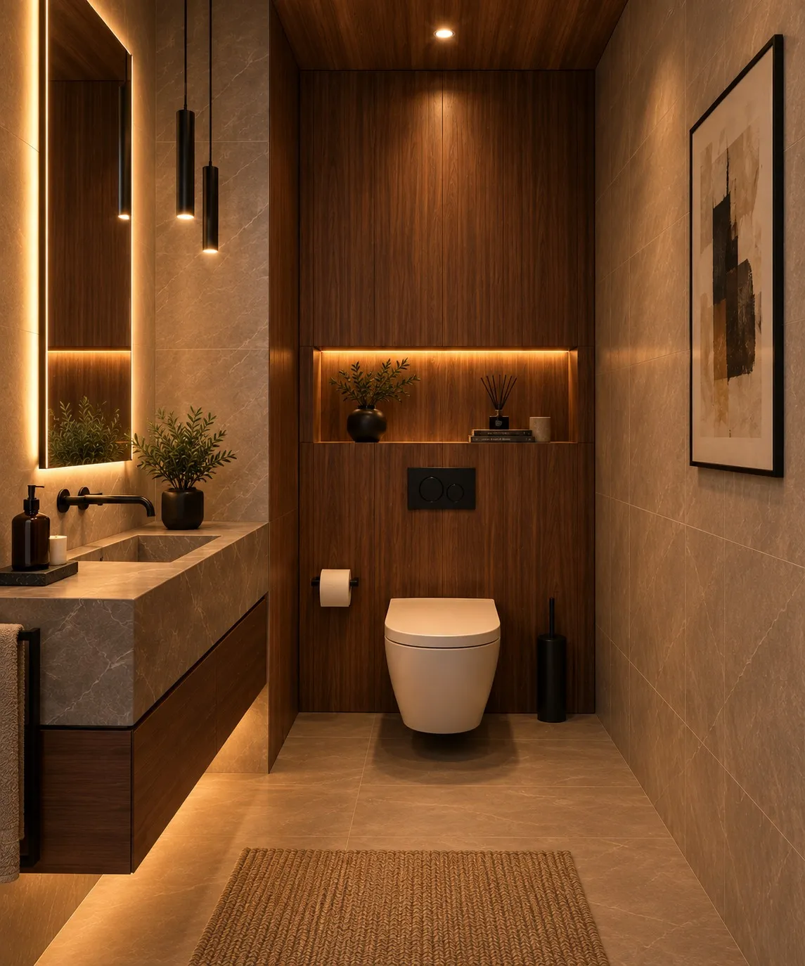 Compact bathroom in stone and timber.