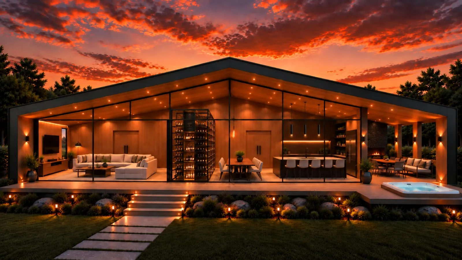 Front view of Horizon illuminated at sunset.
