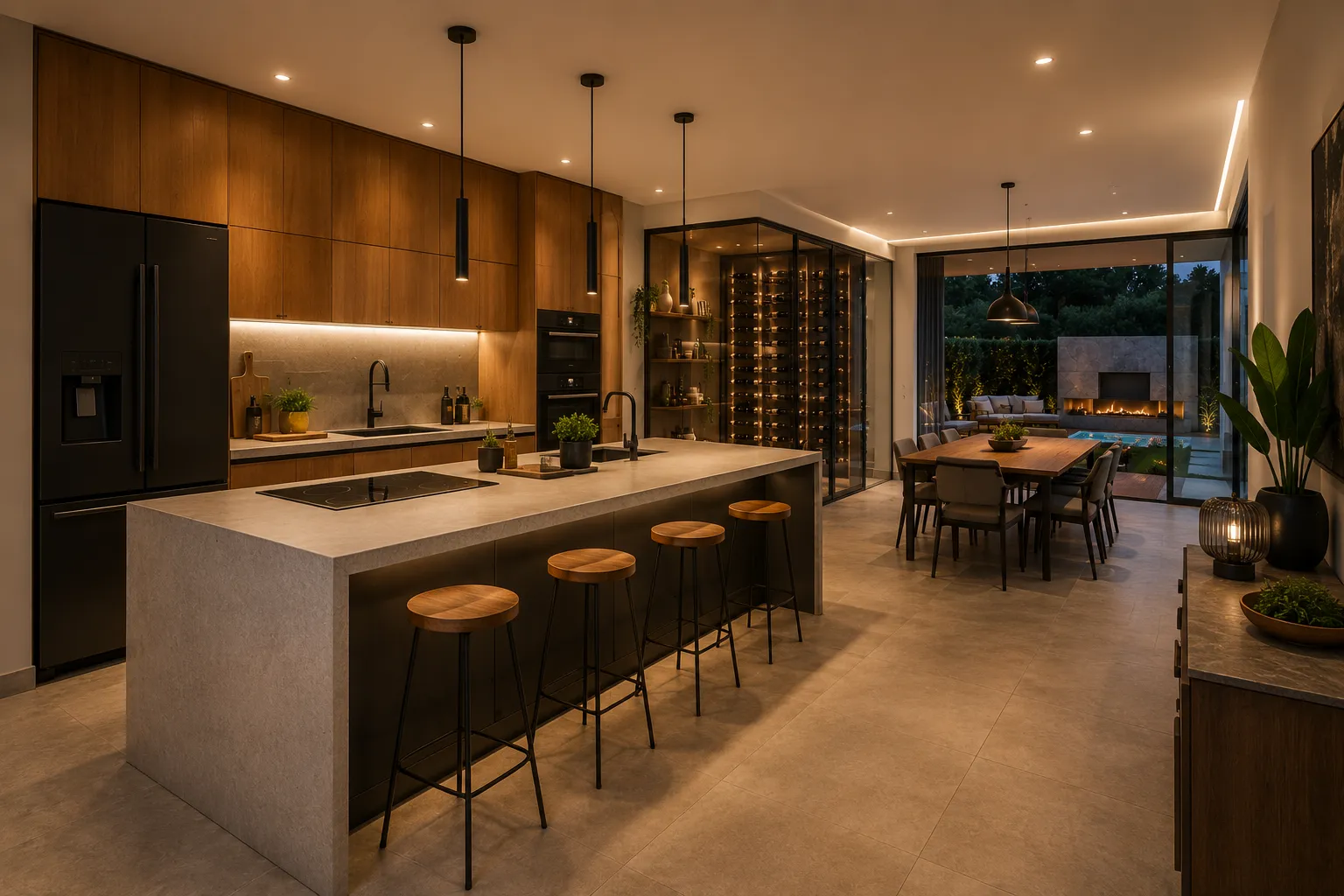 Cozinha e sala organizadas como um espaço contínuo