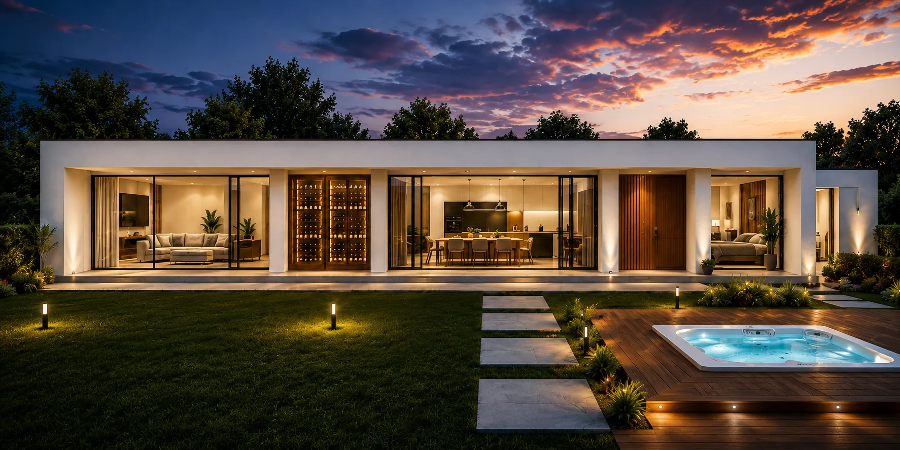 Visualização da Infinity, casa térrea com terraço e piscina ao anoitecer
