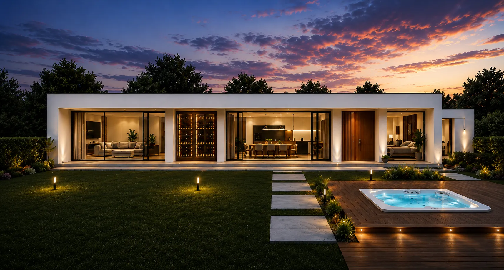 Fachada Infinity ao anoitecer, com vãos amplos, jardim e terraço