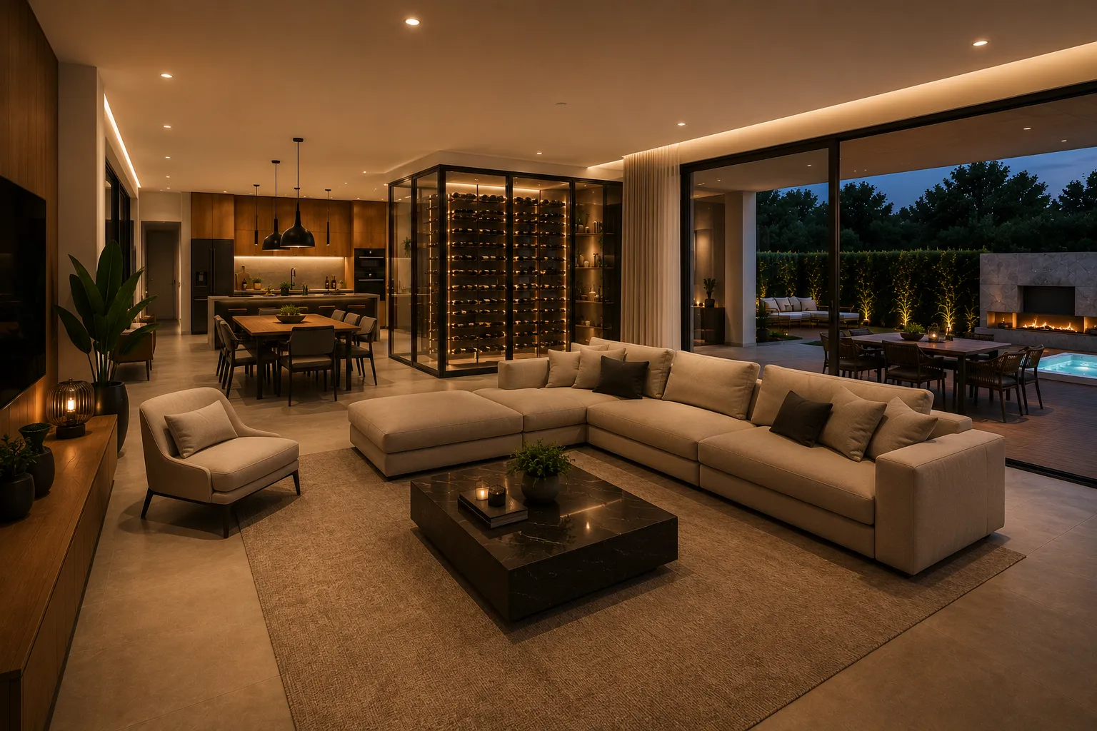 Sala Infinity com sofá, cozinha ao fundo e um vão amplo voltado para o terraço