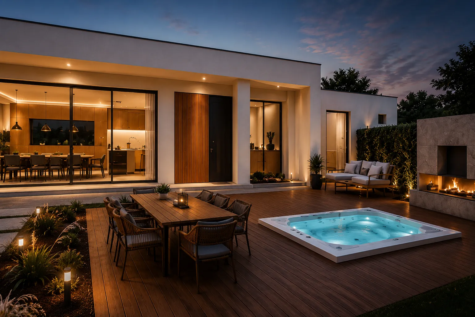 Terraço e interior de uma casa ligados à paisagem ao anoitecer