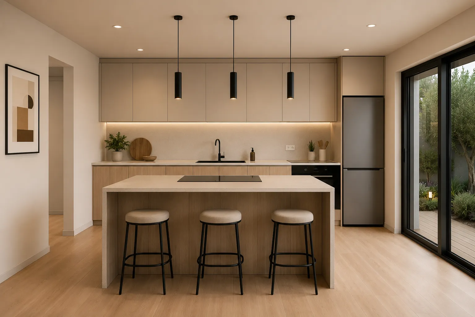Cozinha Next65 com bancada central, bancos e frente de preparação ao fundo
