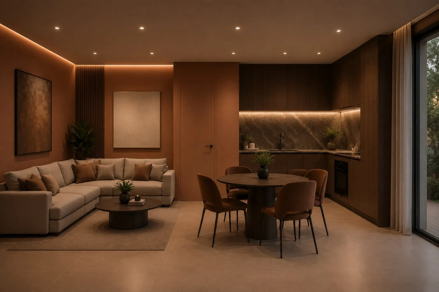 Sala, zona de refeições e cozinha em tons terracota