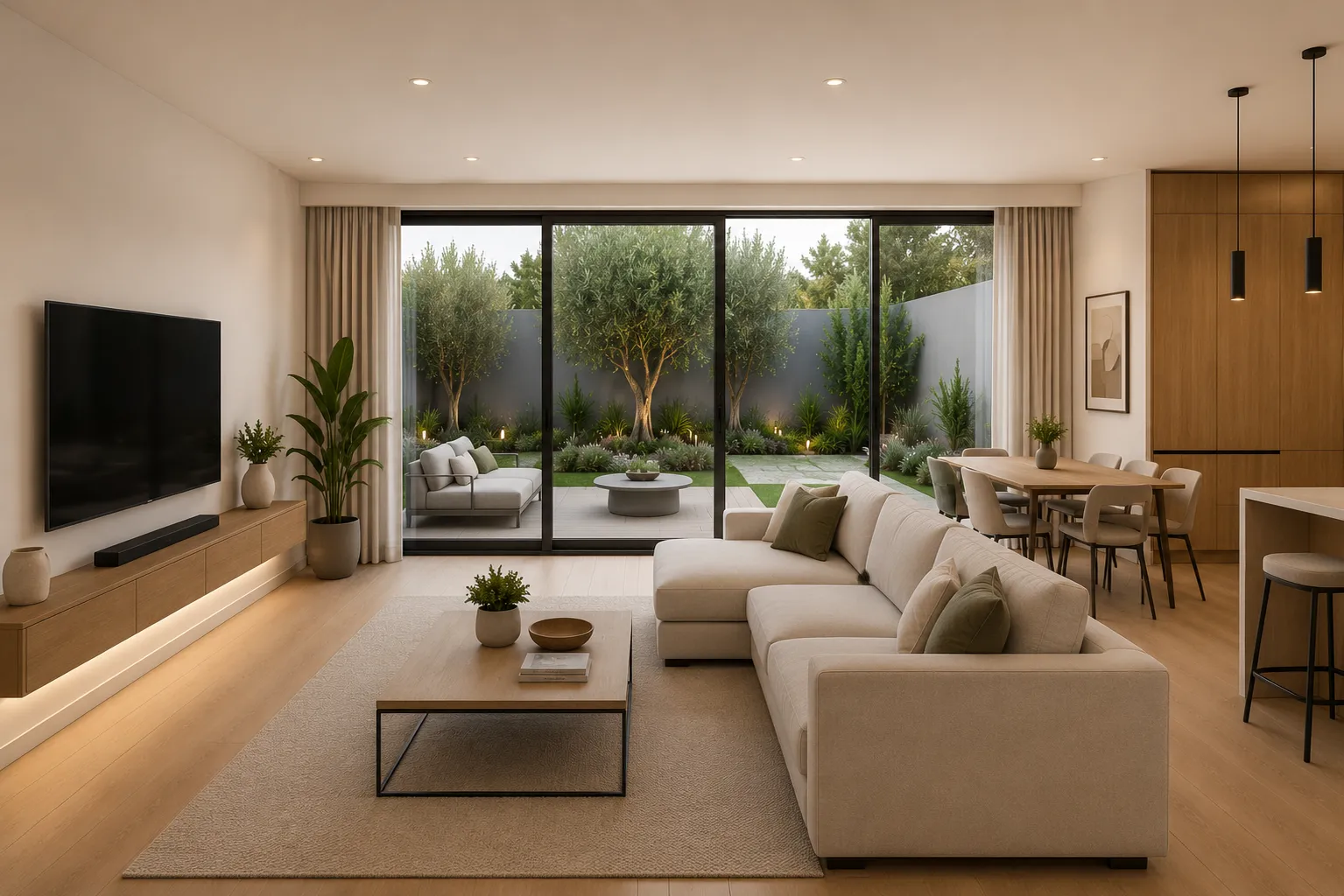 Sala Next65 com sofá, mesa baixa, mesa de refeições ao lado e abertura para o exterior