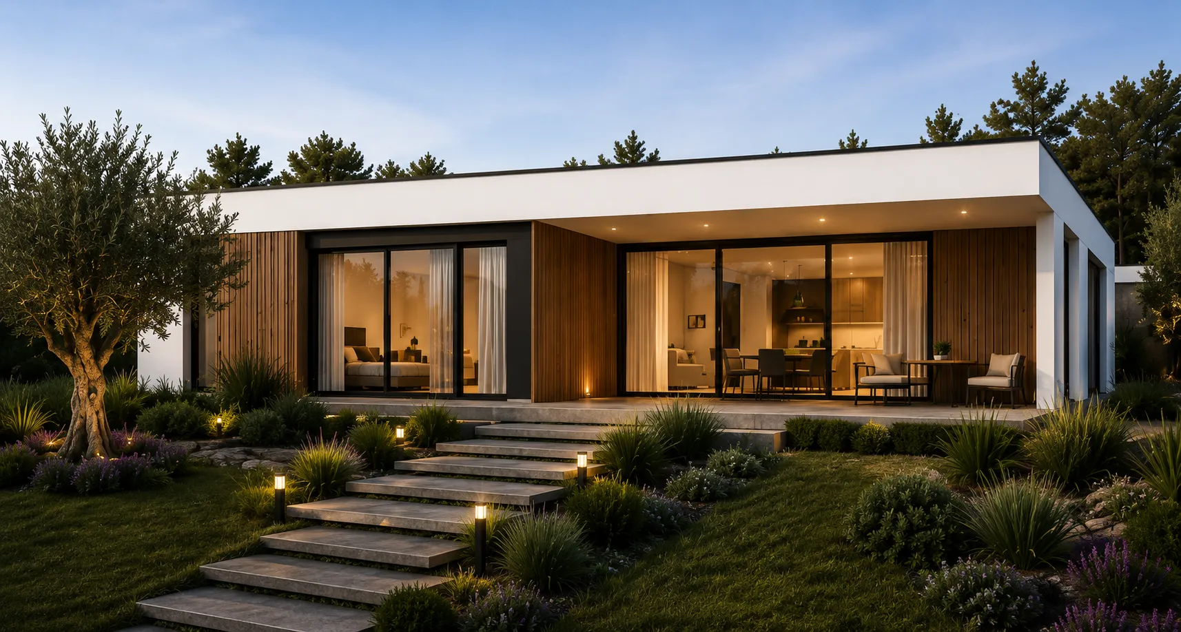Visualização exterior da casa Next65 com fachada clara, madeira e grandes janelas