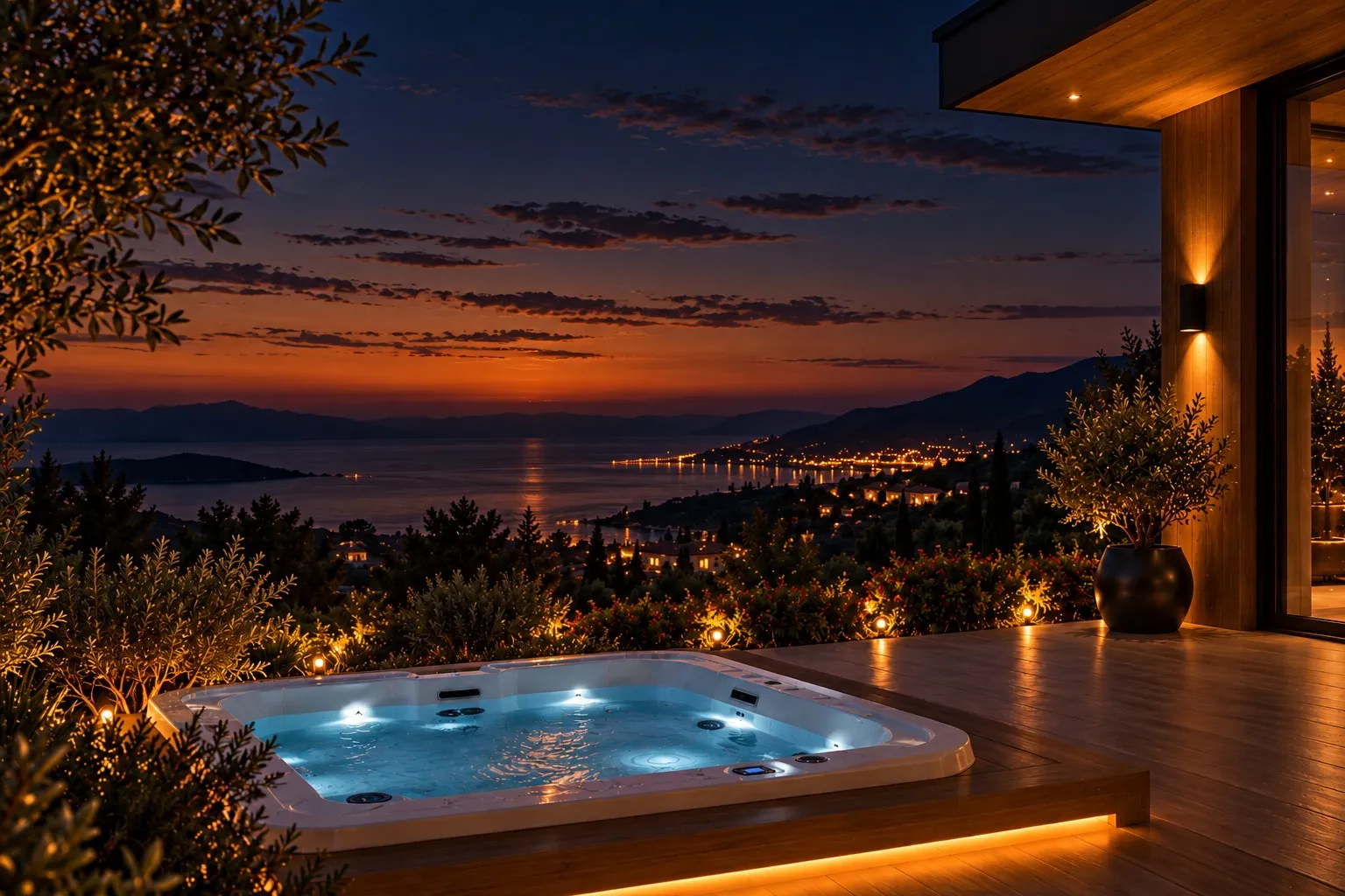 Terraço e piscina da Horizon voltados para uma paisagem costeira ao anoitecer