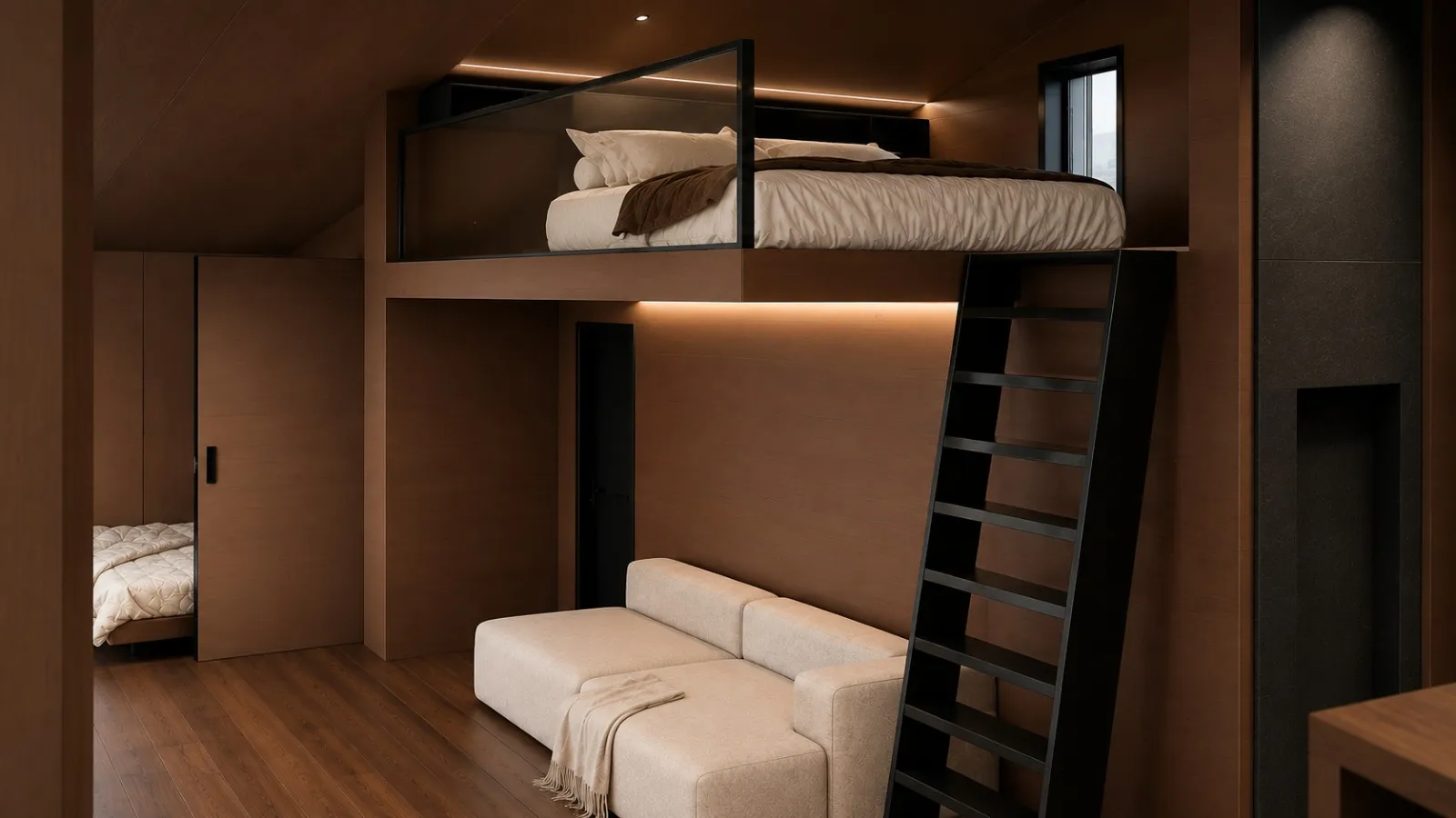 Interior Umber em tons escuros com cama elevada e sofá