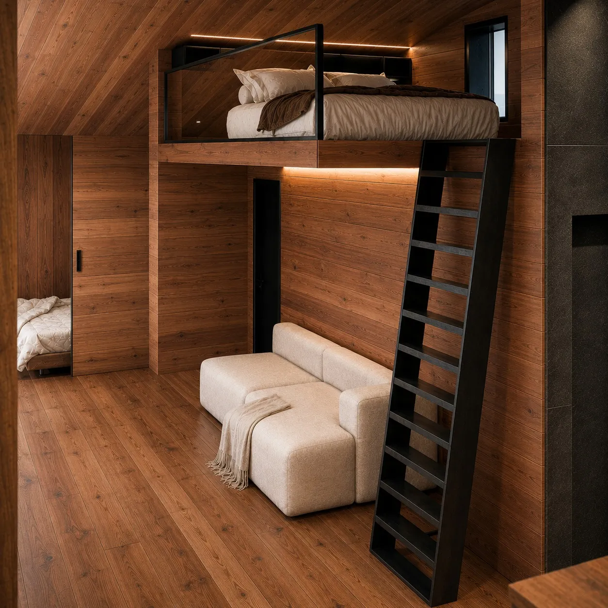Interior Umber em madeira com cama elevada e sofá